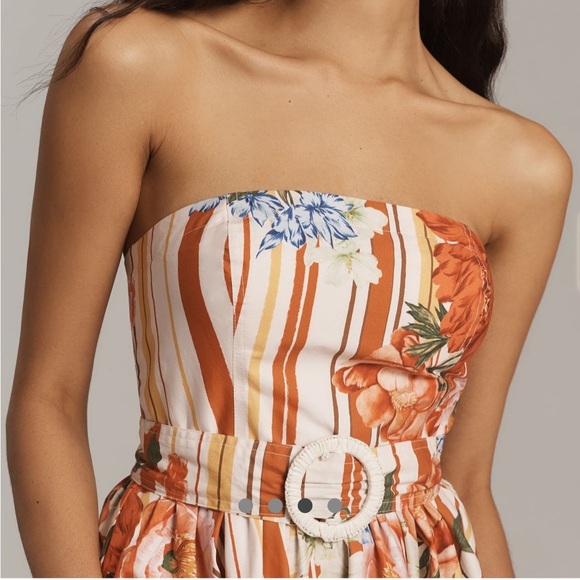 Anthropologie Maeve Strapless Belted A Line Midi Dress Red Floral Pockets XS NEW - Picture 3 of 16